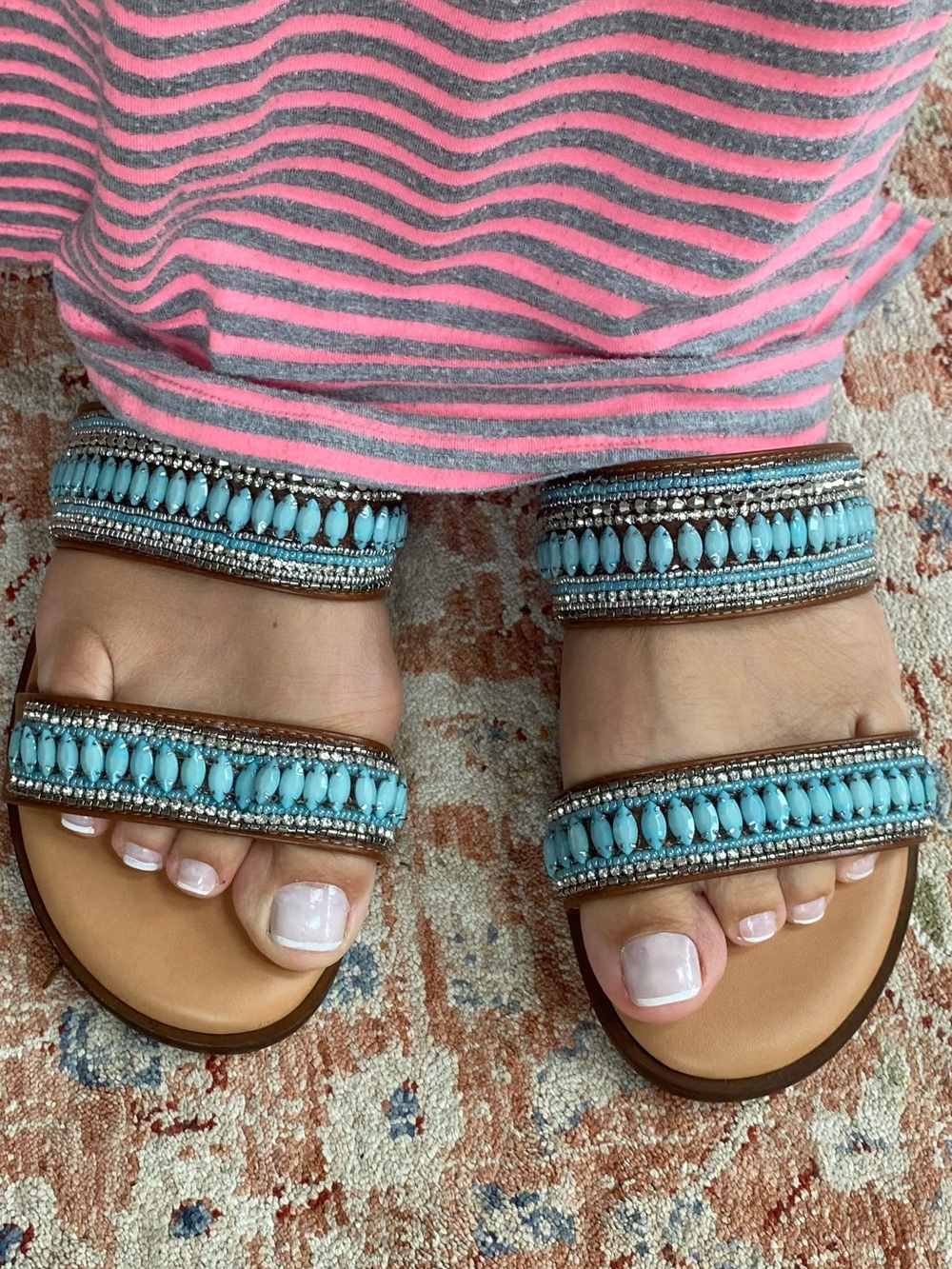 Worn once ! Turquoise beaded slide sandals size 9